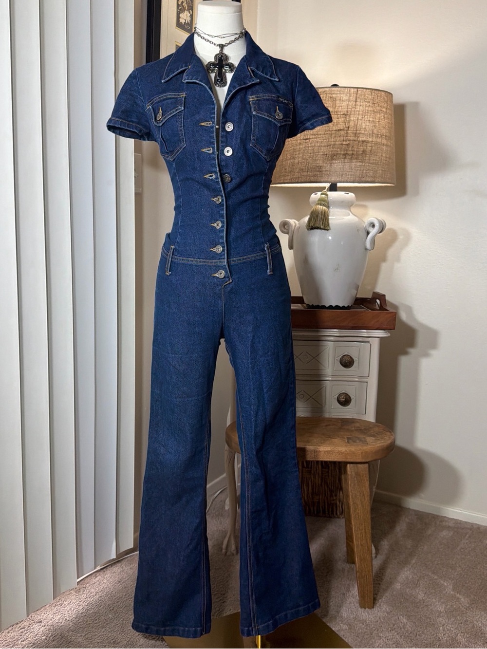 Vintage Baby Phat Dark Blue Denim Short-Sleeve Jumpsuit